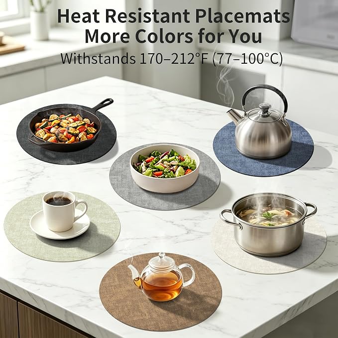 Maxpearl Faux Leather Round Placemats Set of 6, 13.8 inch, Brown | Waterproof, Heat Resistant, Non Slip, Wipe Clean Dining Table Place Mats, Suitable for Indoor & Outdoor Use, Table Settings