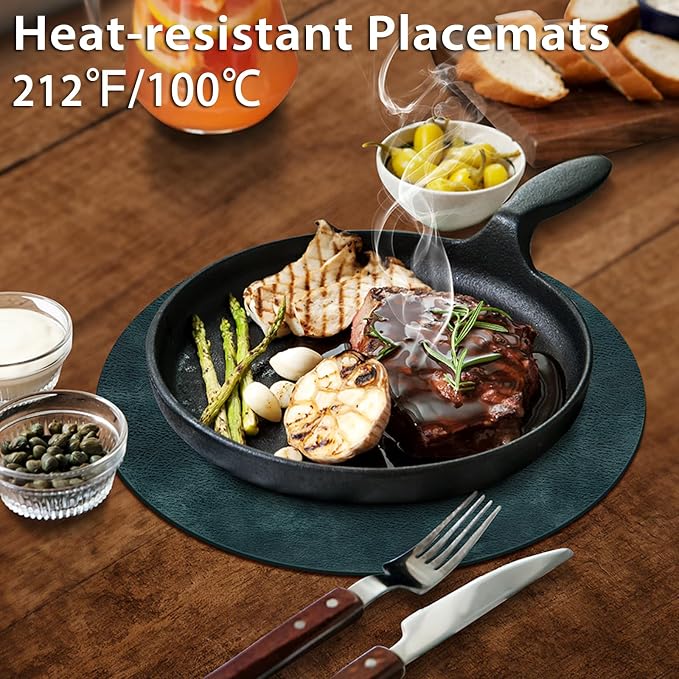 ADRIMER Placemats, Heat Resistant Round Placemats Set of 6 Washable, Waterproof Table Mats, Wipeable Faux Leather Place Mats for Kitchen, Dining Room, Dark Blue
