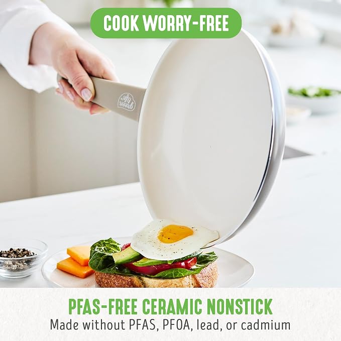 GreenLife 16 Piece Ceramic Nonstick Pots & Pans Cookware Set, Taupe | PFAS-Free Nonstick Coating, Stockpot, Frying Pans, Saucepans, Sauté Pan, Stay-Cool Handles, Dishwasher & Oven Safe up to 350F