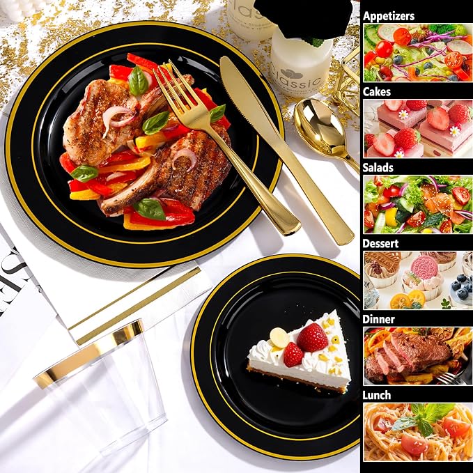 GATHER 700PCS Black Plastic Plates 100 Guest for Wedding Party Birthday | Black and Gold Disposable Plastic Dinnerware Set include 200 Plates, 300 Silverware, 100 Napkins, 100 Cups for Retirement