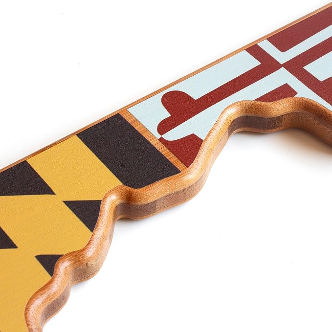 Totally Bamboo Maryland State Shaped Cutting Board, Summer Stokes Art | State charcuterie board with colorful hand-drawn landscape art. Smooth reverse side for food prep. Hang tie for wall display.