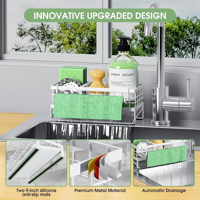 Kitchen Sink Caddy, Rustproof Self-Draining Sponge Holder, White | Metal Kitchen Caddy Sink Organizer, Detachable Dish Cloth Holder, Non-Slip Base, Kitchen Countertop Storage Accessories