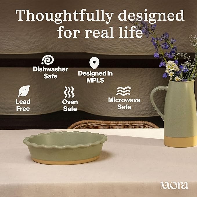 MORA Ceramic Pie Pan for Baking - 9 inch - Deep and Fluted Pie Dish for Old Fashion Apple Pie, Quiche, Pot Pies, Tart, etc - Modern Farmhouse Style Porcelain Ceramic Pie Plate - Iris
