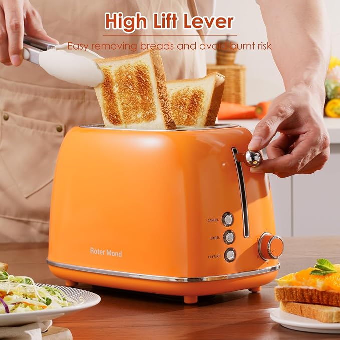 Roter Mond 2 Slice Toaster Retro Stainless Steel with Bagel, Cancel, and Defrost Functions, 6 Bread Shade Settings, Extra Wide Slots and Removable Crumb Tray, Orange