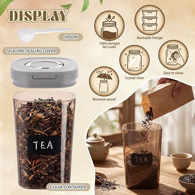 2 Pack 60oz Airtight Coffee Canisters Light Blocking Tea Storage Containers with Scoop, Airtight Food Jars for Loose Leaf Tea, Sugar, Formula, Coffee Bean, with Chalk Marker & 8 Stickers
