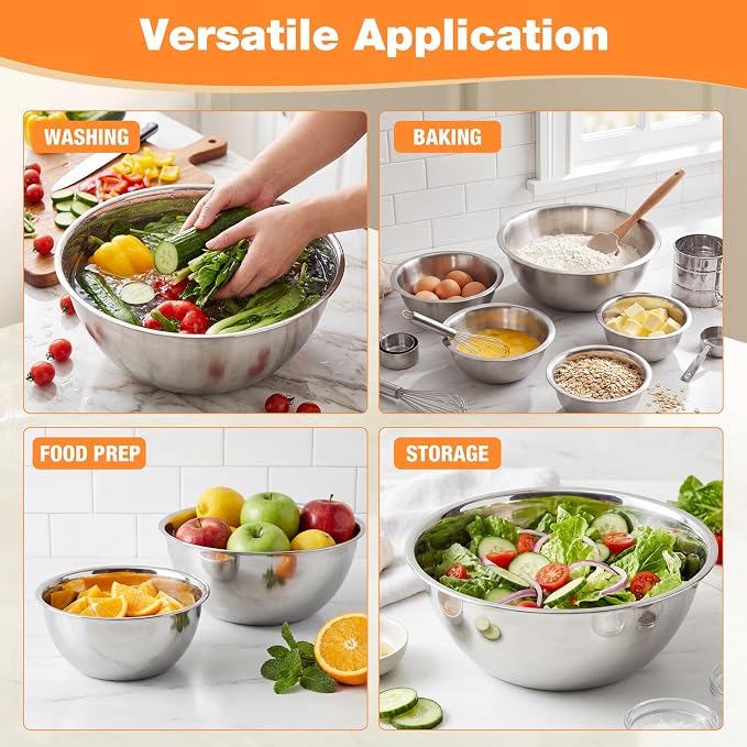 Stainless Steel Mixing Bowls Set - 5-piece Polished Mirror Nesting Bowls 1.25, 2.75, 4.25, 6.25, 8 Quart Thickened Material Ideal for Kitchen, Cooking, Baking and Storage, Deep