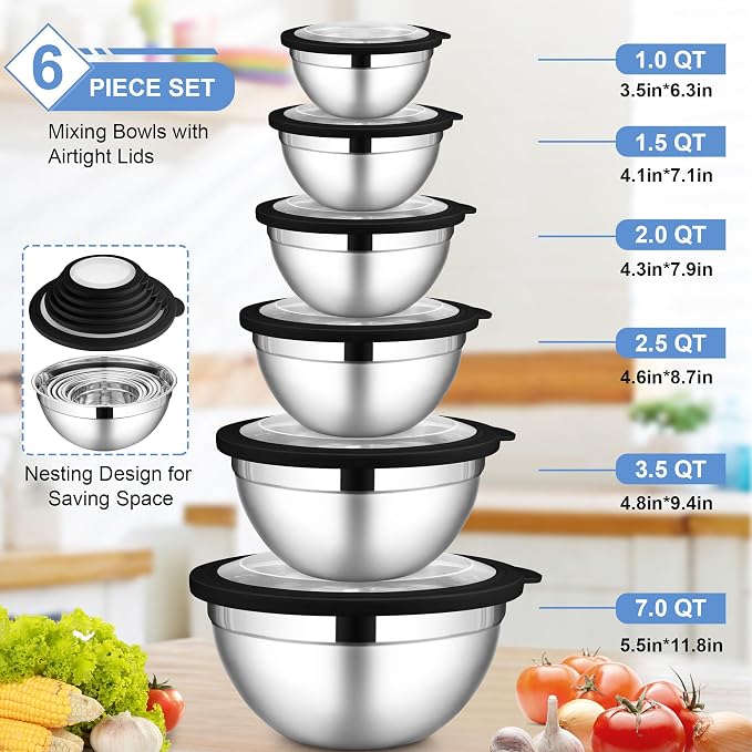 LIANYU Stainless Steel Mixing Bowls Set, Large 7, 3.5, 2.5, 2, 1.5, 1QT | 6 PCS Metal Nesting Bowls with Transparent Airtight Lids, Serving Bowl Set for Home Kitchen, Dishwasher & Freezer Safe, Black