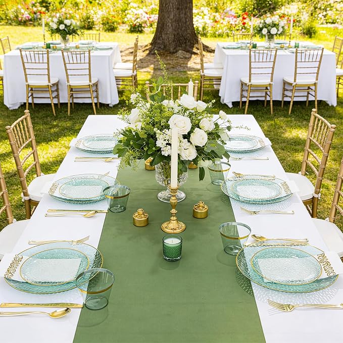 DaYammi 175 Pcs Green Plastic Plates Dinnerware Set (25 Guests), Hammered Plates Sets, Green Party Platos Set include 50 Disposable Platos, 75 Gold Plastic Silverware, 25 Cups 25 Napkins
