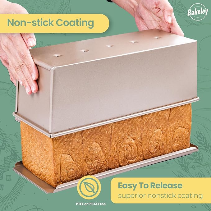 Commercial Pullman Loaf Pan with Lid, 2.2Lb Dough Capacity Non-stick Rectangle Flat Toast Box for Oven Baking 13.6"×5.4"×4.7"(Champagne Gold)