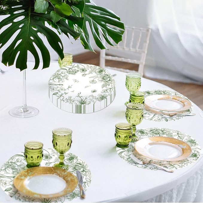 50 Pack Paper Placemats Disposable Green Floral Placemats 13.7 Inch Vintage Sage Green Flower Place Mats Chinoiserie Round Table Mats for Dinner Table Setting Birthday Wedding Party Supplies