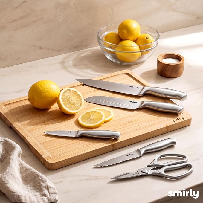 SMIRLY 15 Piece Knife Set with Block for Kitchen - Stainless Steel Knives | Heavy Duty Knife Block with Sharpener Rod, High Carbon Stainless Steel Knives, Dishwasher Safe, Ergonomic Handle