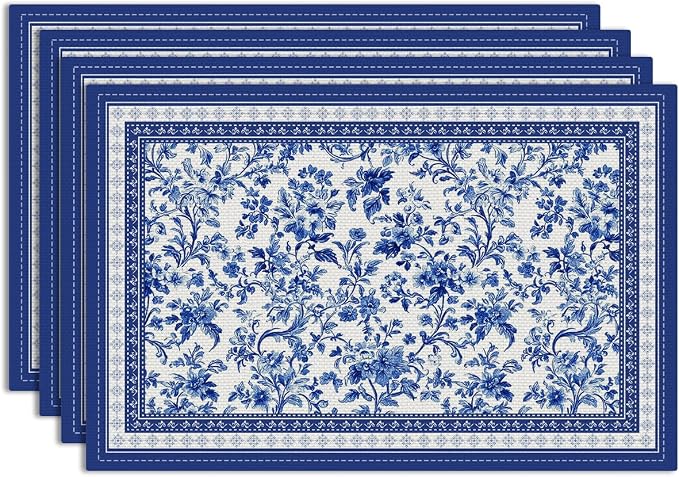 Blue Floral Branches Linen Placemats Set of 4, Chinoiserie Table Mats | Washable Non-Slip Heat Resistant Linen Fabric Rectangle Place Mats for Indoor Outdoor Party Kitchen Dining Decor 12 x 18 Inch
