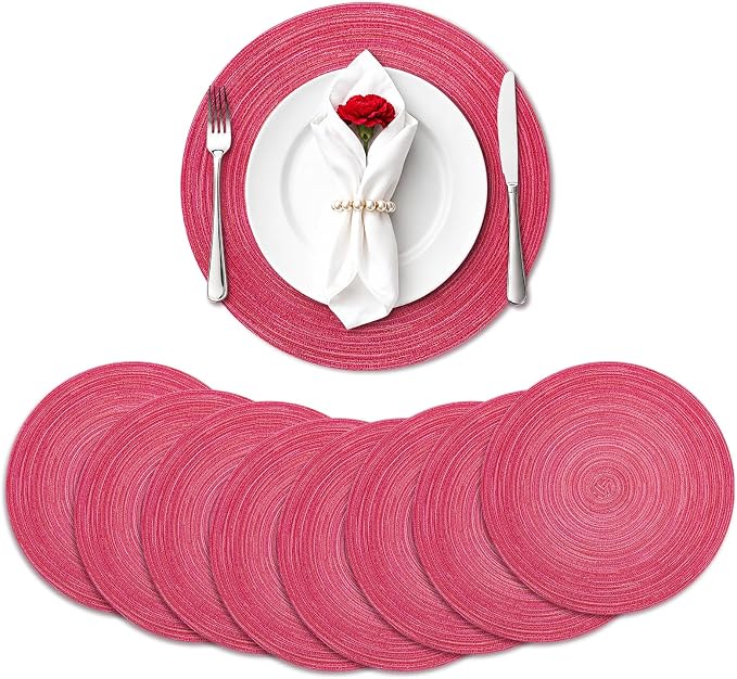 TaroKitc 15 in Round Placemats Set of 8, Washable Woven Placemats Heat Resistant Cotton Polyester Braided Table Mat, Non-Slip Circle Place Mats for Kitchen Dining Table Decor - Pink