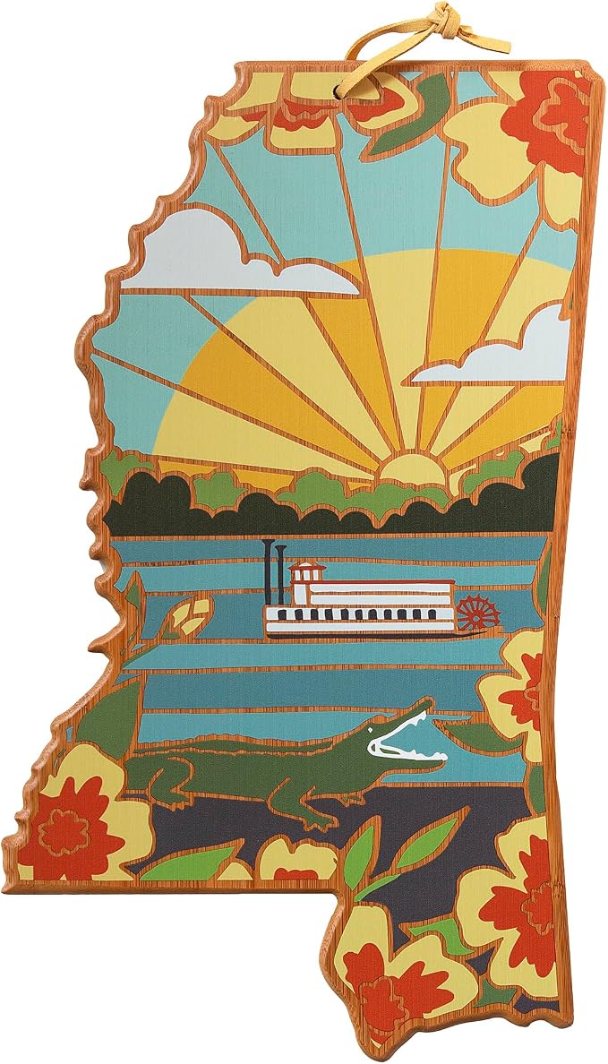 Totally Bamboo Mississippi State Shaped Cutting Board, Summer Stokes Art | State charcuterie board with colorful hand-drawn landscape art. Smooth reverse side for food prep. Hang tie for wall display.