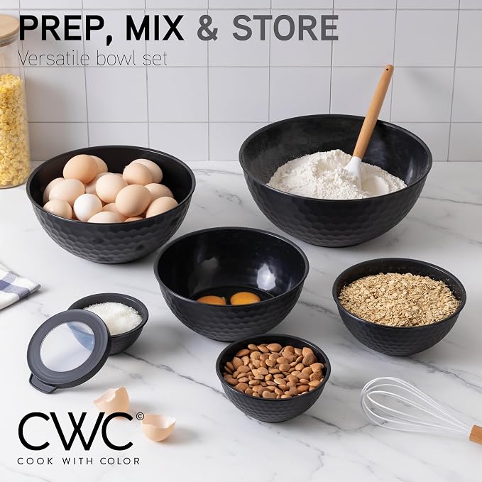 COOK WITH COLOR Mixing Bowls with Lids - 12 Piece Plastic Nesting Bowls Set includes 6 Prep Bowls and 6 Lids, Microwave Safe Mixing Bowl Set, Black Embossed