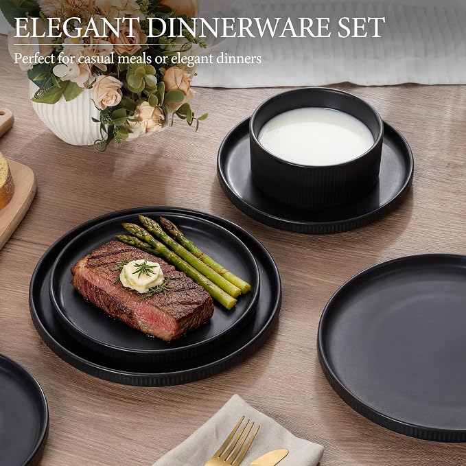 E-far 12-Piece Plates and Bowls Sets, Stoneware Dinnerware Dishes Sets for 4, Kitchen Modern Dining Dishware, Chip & Scratch Resistant, Microwave & Dishwasher Safe, Matte Black