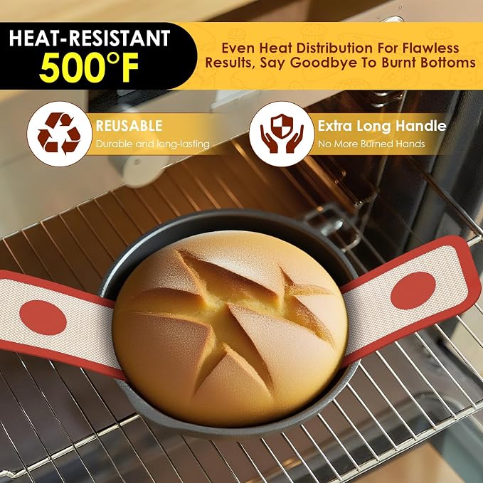 HOTEC 2 Pcs Silicone Bread Sling for Dutch Oven, 0.7MM Thickened Heat Resistant to 500°F Non-Stick Baking Mat with Long Handle Easy to Transfer Sourdough Bread, Dutch Oven Liners Baking Supplies