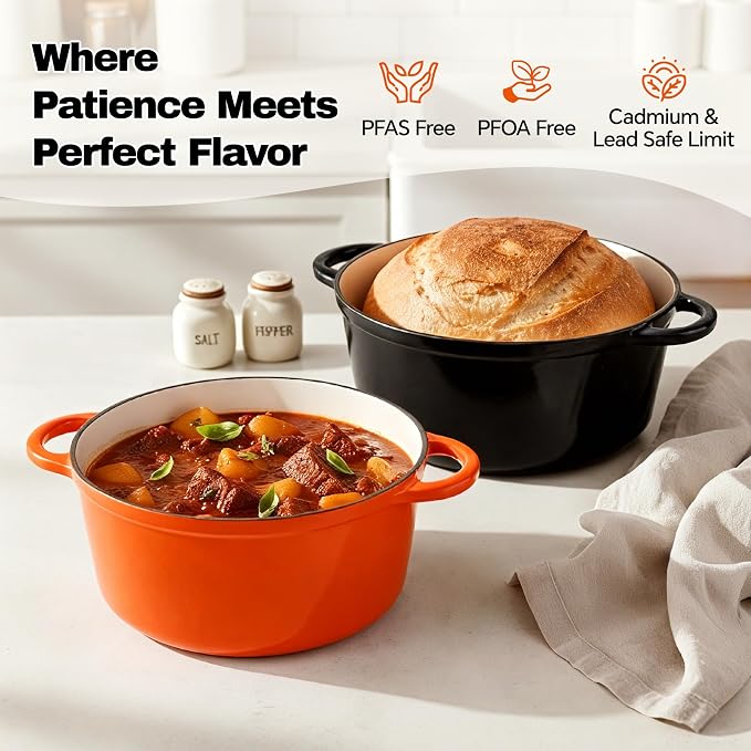 4.5 Quart Dutch Oven Pot with Lid, Non Stick Enameled Cast Iron Dutch Oven for Bread Baking, Heavy-Duty, Oven Safe Ceramic Cookware Up to 500°F for Baking, Braising, Stews, Roasting, Orange