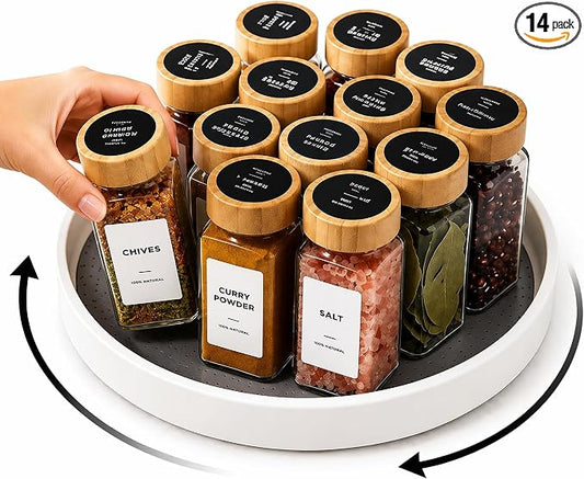 EHME EHME EHME 14 Pcs Glass Spice Jars Bamboo Lids with Lazy Susan Turntable Set, 10 Inch Non-Skid Lazy Susan Seasoning Containers Organization for Kitchen Cabinet Countertop, Spice Label Included.