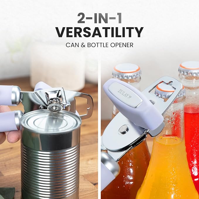 Zulay Kitchen Heavy Duty Stainless Steel Can Opener Manual with Bottle Opener - Rust Proof Manual Can Opener With Turn Knob & Comfy Soft Grip Handles - Airy Lilac