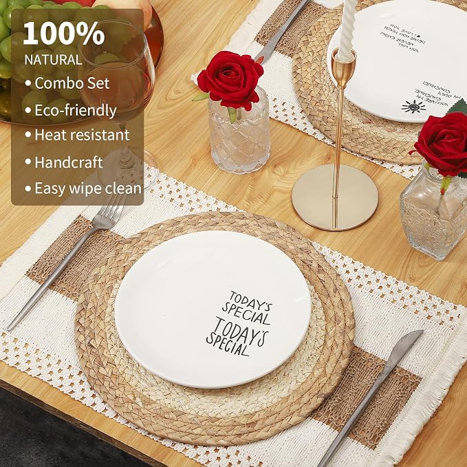 Handmade Boho Placemats Set of 6 | Natural Woven & Fabric Cotton Combo Table Mats | 12-Piece Versatile Place Mats | Rustic Farmhouse Style Dining Table Decor