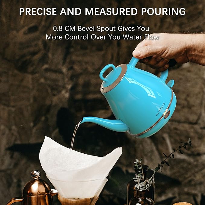 Anfilank Electric Gooseneck Kettle, 1L 1500W Fast Boil, 100% Stainless Steel BPA Free Pour-Over Coffee & Tea Kettle, Water Boiler with Auto Shut & Boil-Dry Protection, Turquoise