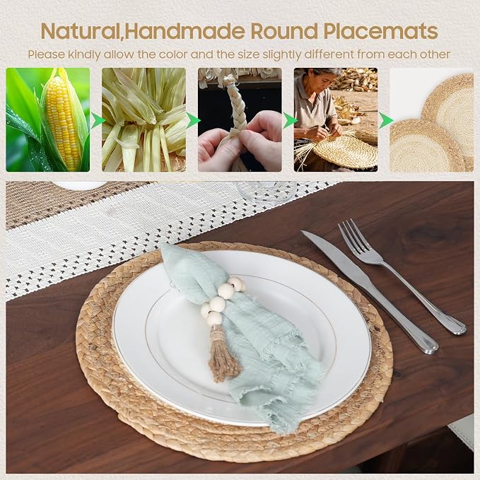 Placemats Set of 4,Natural Round Placemats with Table Runner & Napkin Rings | Made of Cotton Burlap and Corn Husk,Protective,Heat-Resistant,Non-Slip Boho Table Mats Fall Placemats for Dining Table Décor