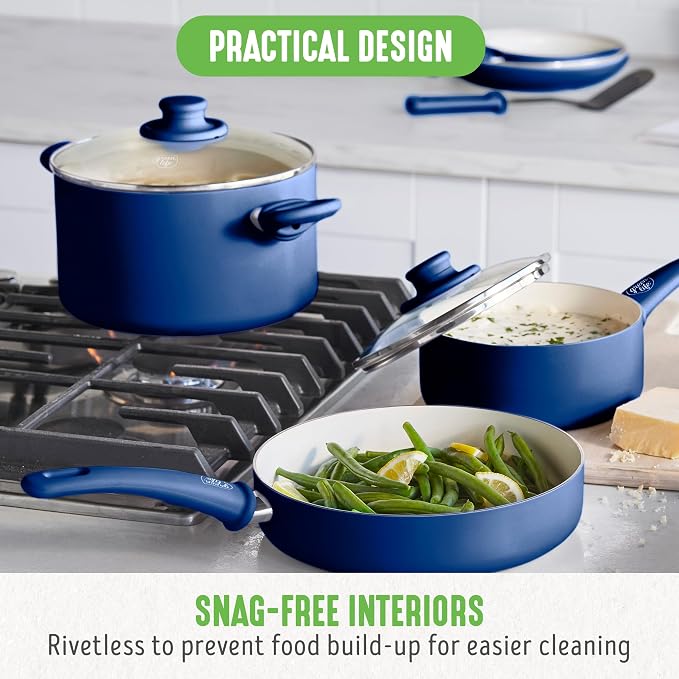 GreenLife 16 Piece Ceramic Nonstick Pots & Pans Cookware Set, Blue | PFAS-Free Nonstick Coating, Stockpot, Frying Pans, Saucepans, Sauté Pan, Stay-Cool Handles, Dishwasher & Oven Safe up to 350F