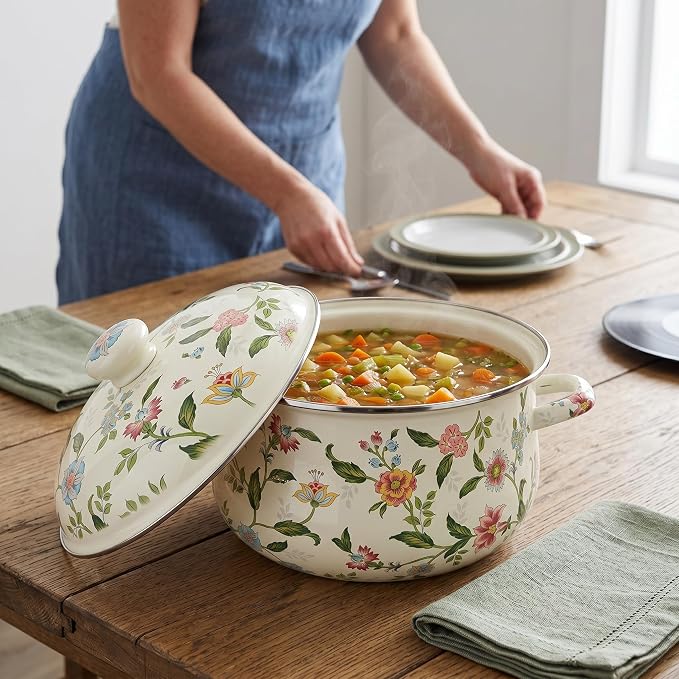 Jucoan 5 Quart Enamel Stockpot with Lid, Green Floral Enamelware Cooking Pot with Dual Handles for Stovetop, Large Soup Pot Potpourri Simmer Pot Gift for Housewarming Bridal Shower Mother's Day