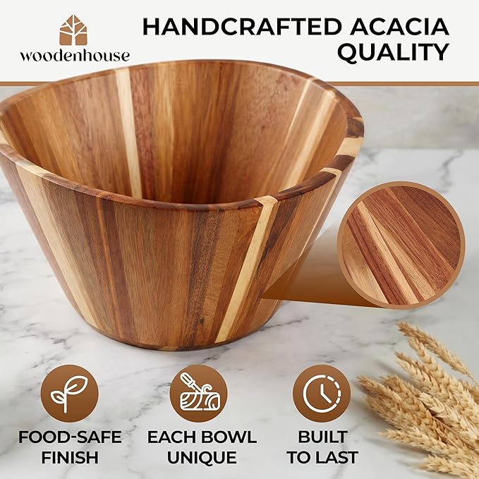 Extra Large Wooden Salad Bowl - Acacia 12" Multi-Purpose Wood Bowls | Multi-Purpose for Fruit, Decor & Storage – Durable Wavy Handmade Design for Kitchen Counter