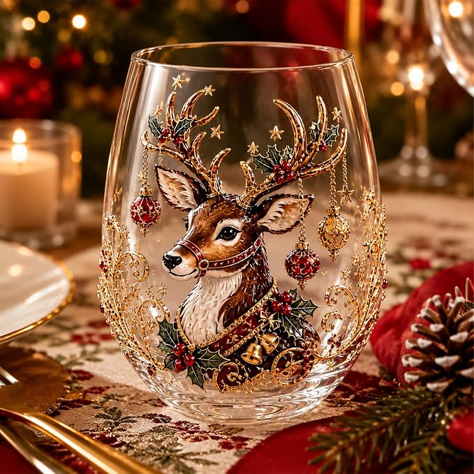 Christmas Wine Glasses, 12oz Stemless Holiday Glassware with Festive Style (Reindeer)