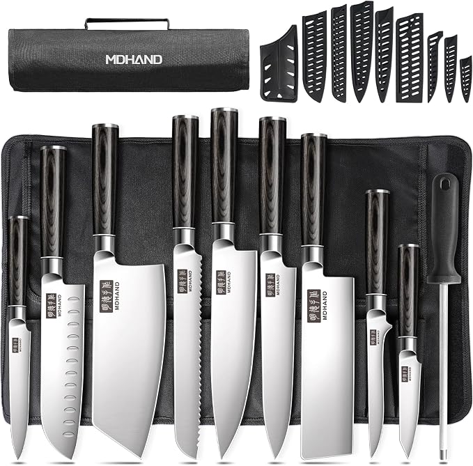 Chef Knife Set with Roll Bag, Ultra Sharp Japanese Kitchen Knife Set | High Carbon Stainless Steel 10PCS Kitchen Knife Set with Sharpener, Pakkawood Handle, Kitchen & Home Cooking, Dishwasher Safe