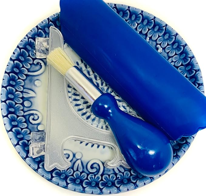 Premium Ceramic Garlic Grater Plate Set - Blue Embossed | All-in-One 4-Piece Set includes 5.25" Plate, Peeler, Brush, and Stand - For Garlic, Ginger, Fruits, Strawberries, and more!