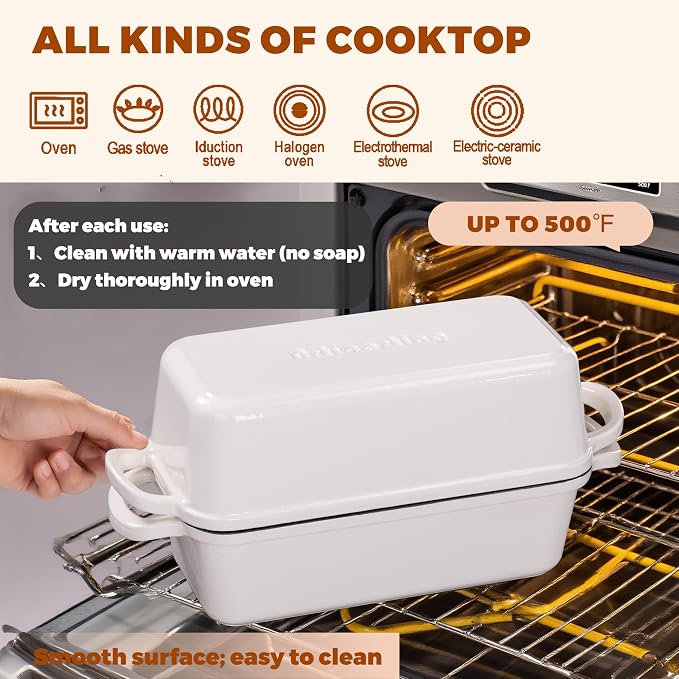 Cast Iron Loaf Pan with Lid, 11x5 Inch 5.8 Qt Sourdough Pan | Dutch Oven Bread Pan with lid, Large Cast Iron Loaf Pan for Sourdough Bread, 11x5 Size, 2-in-1 Design, Crispy Crust, White