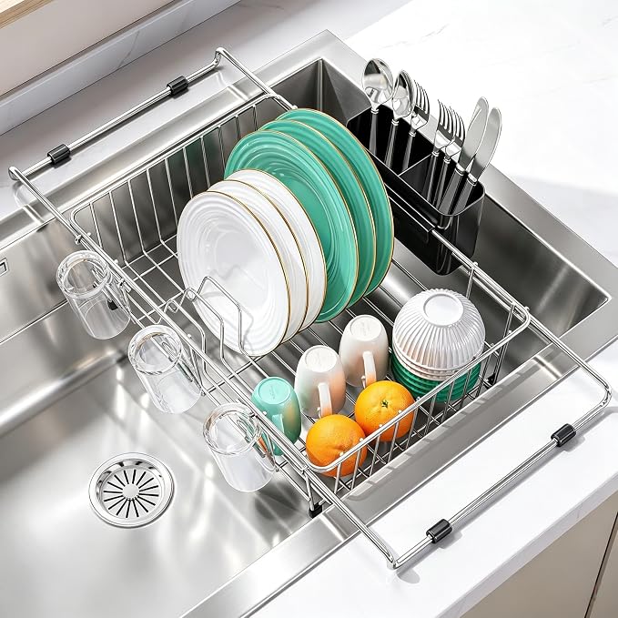 Urackify 304Stainless Steel Expandable Over Sink & in Sink Dish Rack,Silver | Fits over sink for direct drainage, expandable 15-23 inches saves counter space, includes utensil and cup holder