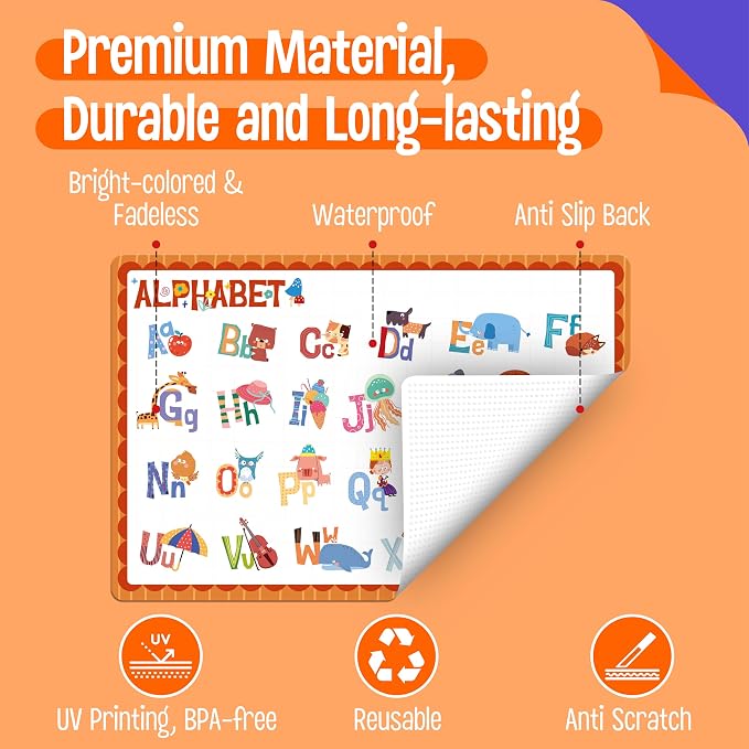 6 Pack Placemats for Kids, Non-Slip Washable, Reusable Alphabet, Number, Shape, Color, America & World Map Themed Educational Placemats for Home, Kindergarten, Classroom, Nursery