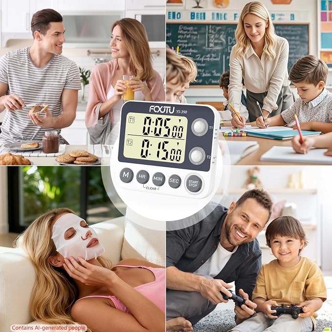 Digital Dual Kitchen Timer, 2Groups Count Up/Down Timer for Cooking | Large Display, Magnetic Back, Memory Presets, Loud Alarm, LED Alert, Stand, On/Off, 100Hr Max, 3A Battery Included