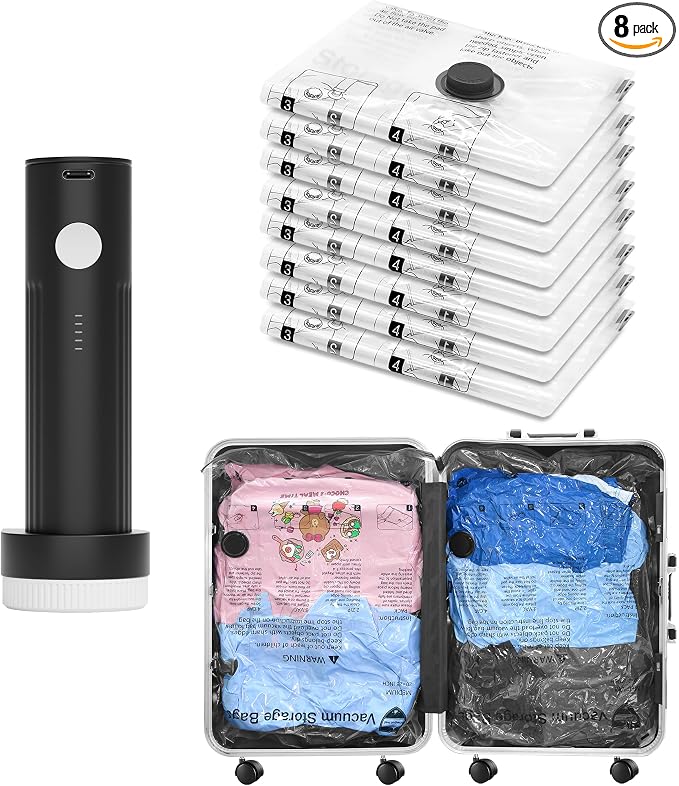 Vacuum Seal Bags for Clothing Travel and Home Storage, Travel Vacuum Bags with Electric Pump, Space Saver Compression Packing Cubes for Luggage Suitcase Bedding Blankets Clothes, 8 Small