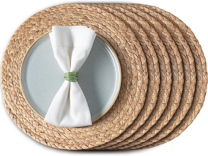 Aofmee 13.8 inch Round Woven Placemats Set of 6, Boho Rattan Place Mats, Natural Water Hyacinth Table Placemats, Farmhouse Weave Table Mats, Rustic Braided Wicker Charger Plates for Dining Table Decor