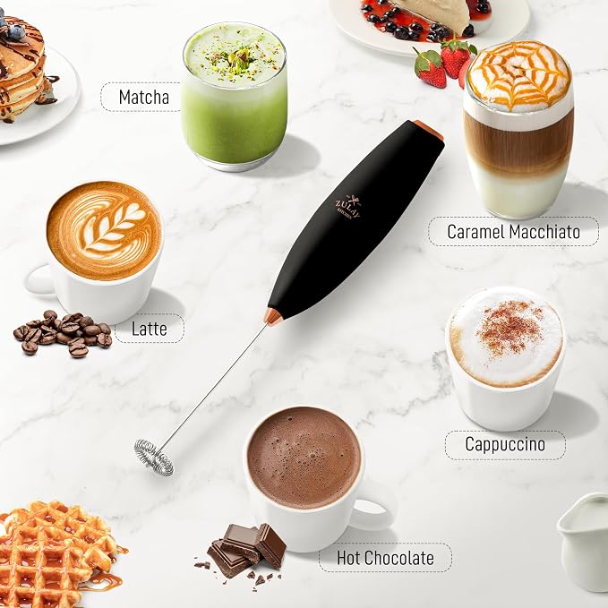 Zulay Milk Frother Wand – Handheld Electric Coffee Frother, Battery Operated Drink Mixer – 13,000 RPM Titanium Motor, Detachable Whisk, Easy Clean Foam Maker for Latte & Matcha – Exec Black n Copper