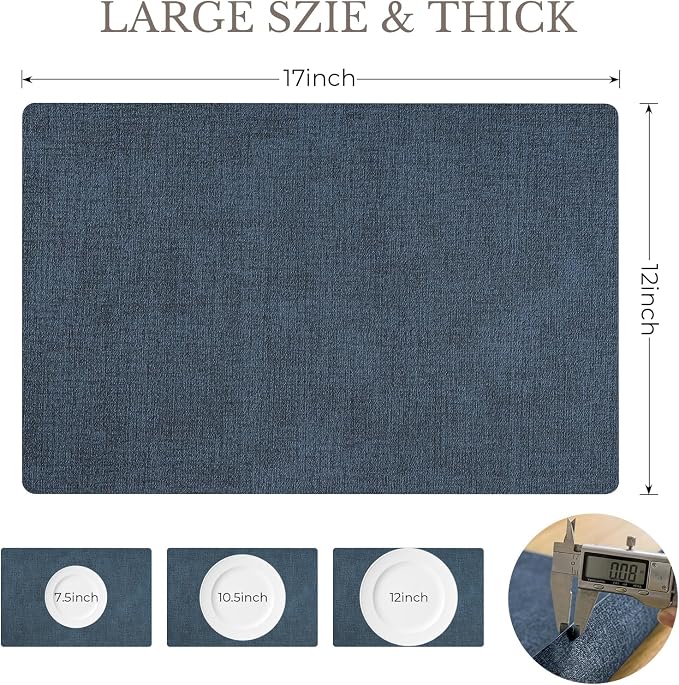 Romanstile Vinyl Placemats Set of 8-12 X 17 Inch - Faux Leather 100% Waterproof Wipeable Anti Slip Place Mats, Heat Resistant Reversible PU Table Mats for Kitchen Dining Party Outdoor, Navy Blue