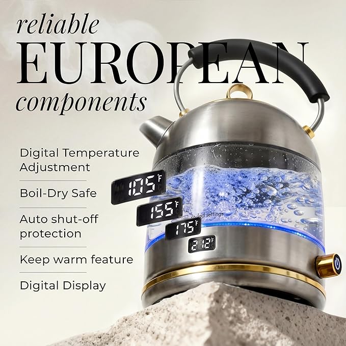 Styled Settings Stainless Steel Electric Kettle with Temperature Control | BPA and Plastic Free Electric Kettle with Keep Warm Function, Borosilicate Glass -1500W Hot Water Boiler with Digital Display