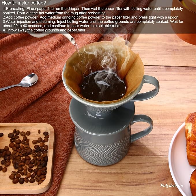 Pour Over Coffee Maker with 100 Sheets of Paper Filter, 15 oz Ceramic Coffee Mug & Coffee Dripper, 1 Cup-Single brew coffee set, Grey