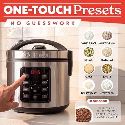 Gourmia Rice Cooker – 5 Qt Capacity, 20 Cup Cooked, 10 Cup Uncooked, Digital Controls, 6 Cooking Presets, Grain Cooker & Steamer, Nonstick Pot, Steam Tray, Delay Timer, Keep Warm, Stainless Steel