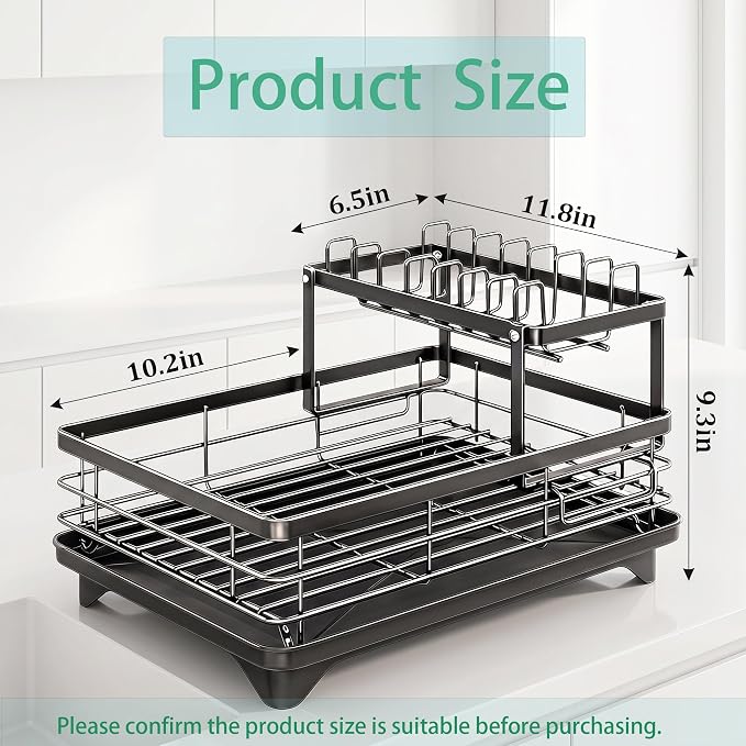 Dish Drying Rack, 2 Tier Space-Saving Dish Rack for Kitchen Counter, Dish Drainer Stainless Steel Rustproof with Drainboard, Utensil Holder