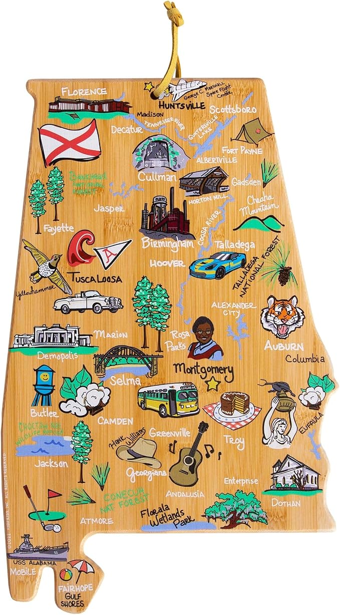 Totally Bamboo Alabama State Shaped Cutting Board, Art by Fish Kiss | State charcuterie board with colorful hand-drawn map artwork. Smooth reverse side for food prep. Hang tie for wall display.