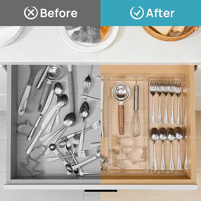 Vtopmart 4 Pack Clear Kitchen Drawer Organizer, 15x6 Inch Utensil Tray | Silverware Organizer Trays for Flatware, Cutlery and Kitchen Utensils, Large Clear Bins Create a Neat and Organized Drawer