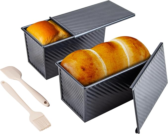 CARTMAN 2-Pack 1 LB Pullman Loaf Pan with Lid, Carbon Steel Set, Black | Includes spatula & brush, 1 lb dough capacity, nonstick carbon steel, bottom vents, ideal for square bread & toast slices
