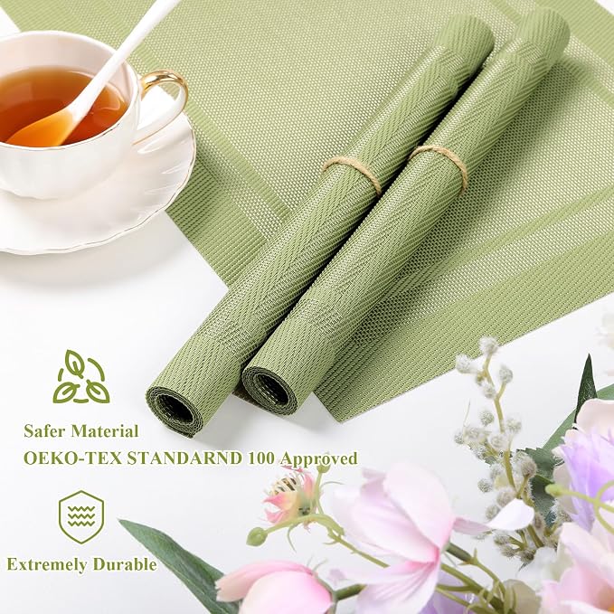 SHACOS Woven Vinyl Placemats Set of 6 Wipe Clean Place Mats for Dining Table Heat Resistant PVC Weave Table Mats Indoor Outdoor (6, Frame Olive Green)