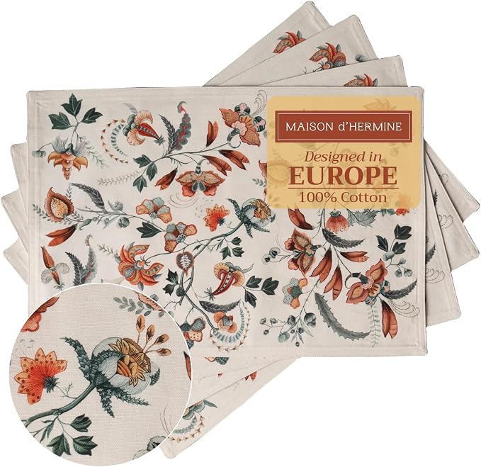 Maison d' Hermine Placemats Set of 4 Reusable 100% Cotton (13"x19") | Cloth Place Mats Washable Table Mats for Kitchen Dining Party Wedding Hotel Home Thanksgiving Christmas - Dalida